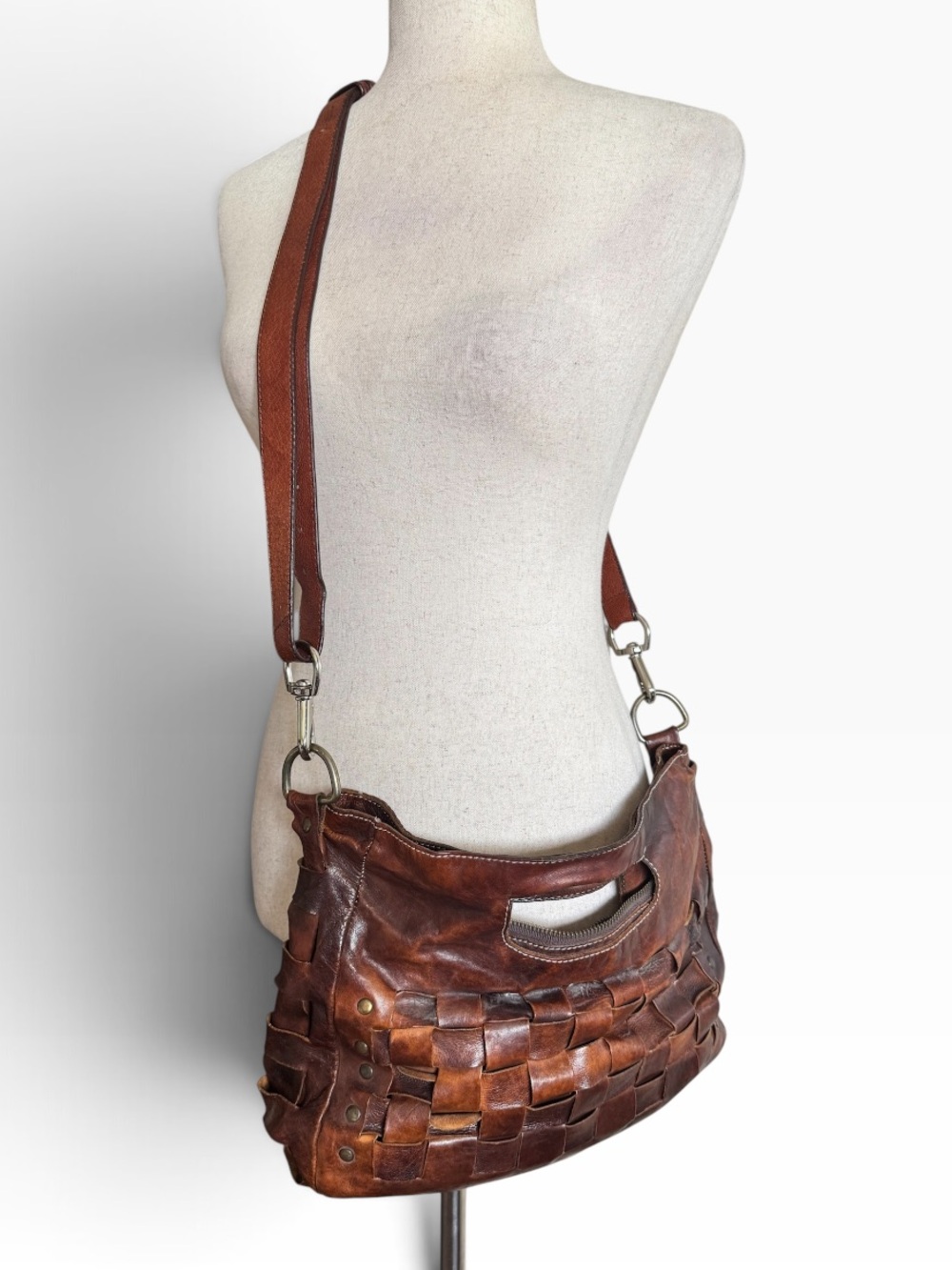 Bed Stu Orchid Cognac Tan Leather Woven Top Handle Crossbody Bag
